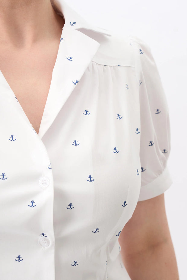 Collectif 40s Style Luana Ivory Nautical Anchor Print Chiffon Blouse