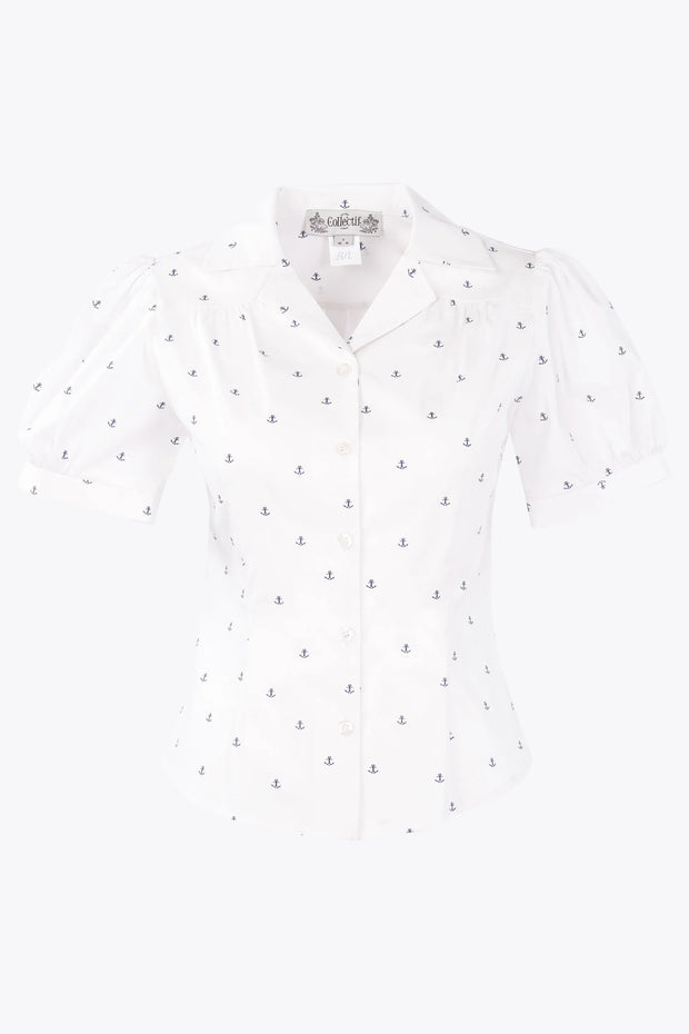 Collectif 40s Style Luana Ivory Nautical Anchor Print Chiffon Blouse