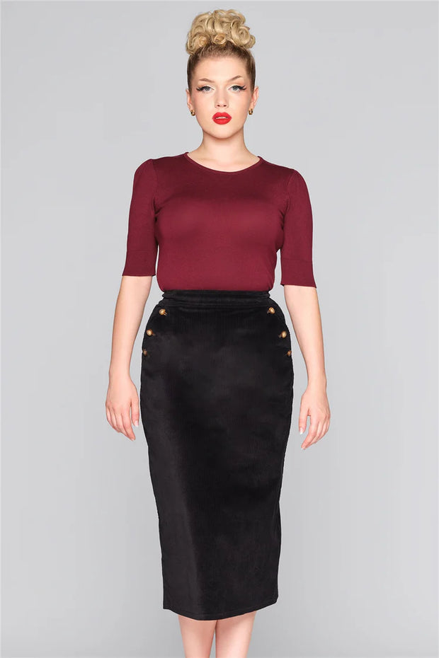 Collectif 50s Jilka Black Corduroy Pencil Skirt