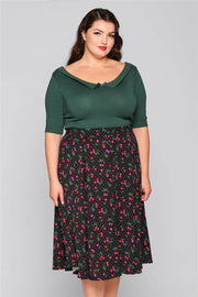 Collectif 50s Megan Sweetheart Cherry Print Black Swing Skirt