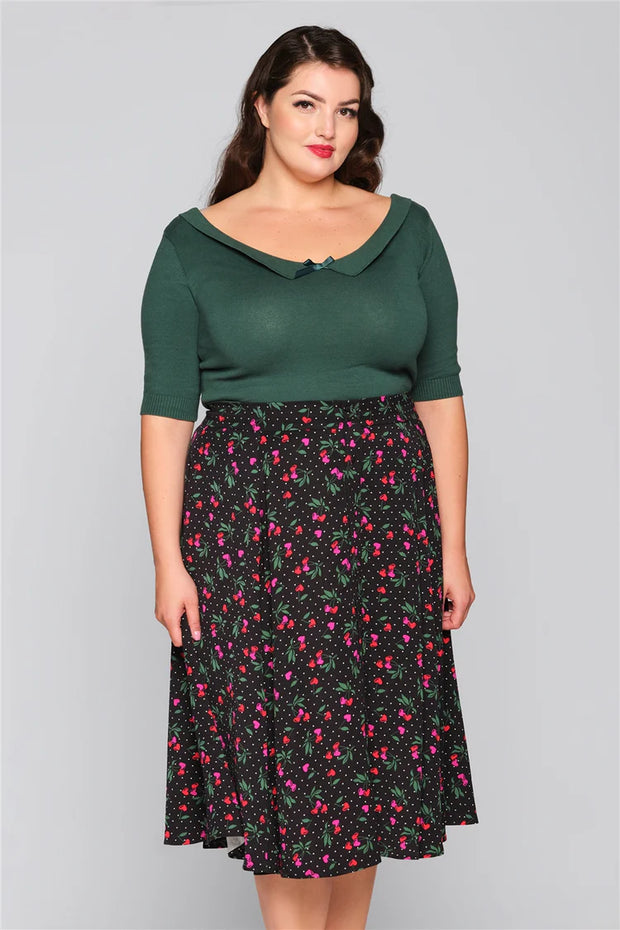 Collectif 50s Megan Sweetheart Cherry Print Black Swing Skirt