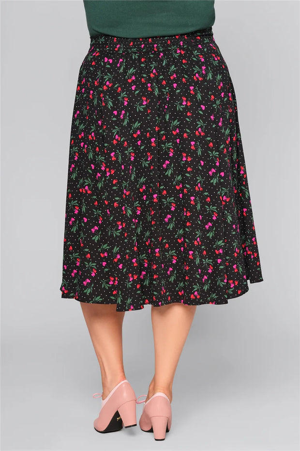 Collectif 50s Megan Sweetheart Cherry Print Black Swing Skirt