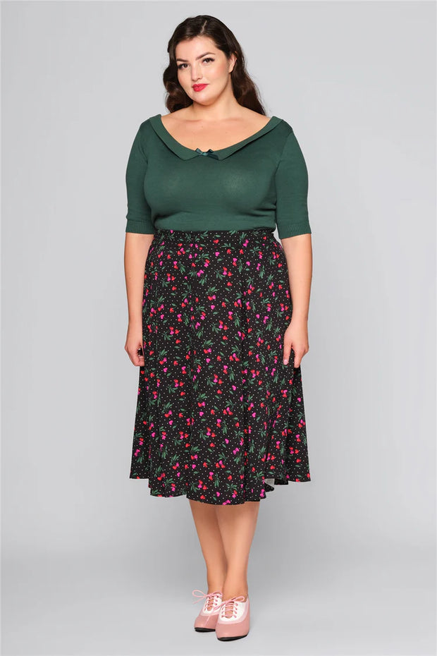 Collectif 50s Megan Sweetheart Cherry Print Black Swing Skirt