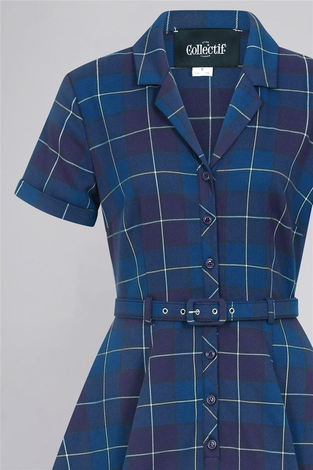 Collectif Caterina 40s Blue Purple Mermaid Check Swing Dress Cherry Red Vintage Collectif Caterina 40s Blue Purple Mermaid Check Swing Dress Cherry Red Vintage