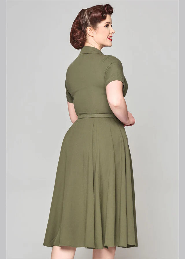 Collectif Caterina 40s Olive Green Swing Dress Cherry Red Vintage Collectif Caterina 40s Olive Green Swing Dress Cherry Red Vintage