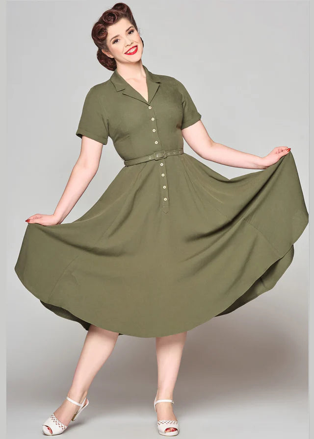 Collectif Caterina 40s Olive Green Swing Dress Cherry Red Vintage Collectif Caterina 40s Olive Green Swing Dress Cherry Red Vintage