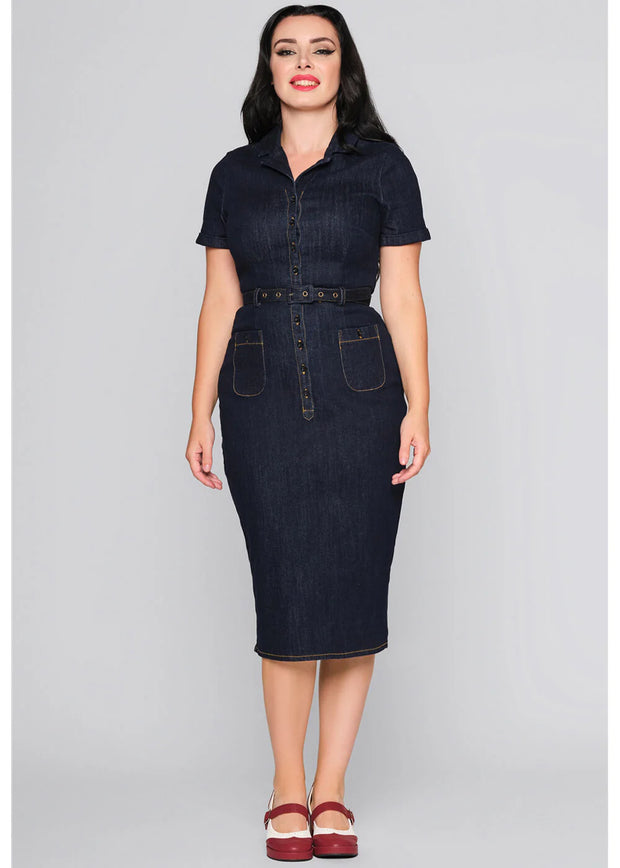 Collectif Caterina Navy Blue Denim Pencil Dress