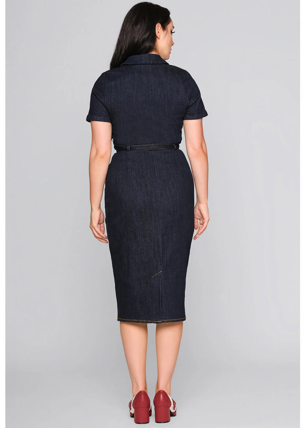 Collectif Caterina Navy Blue Denim Pencil Dress