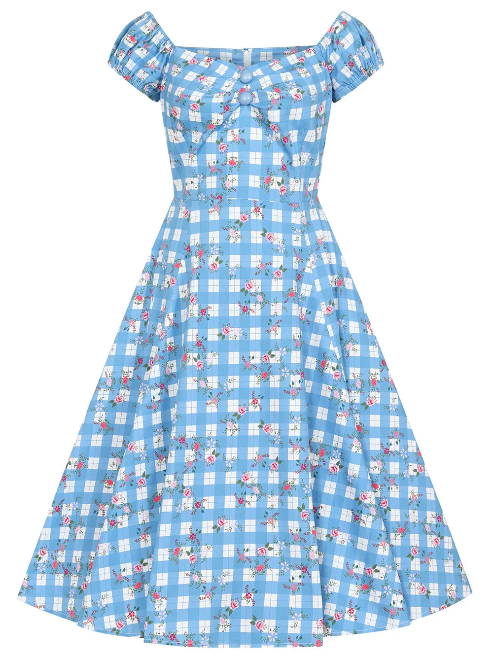 Collectif Dolores 50s Blue Gingham Garden Doll Dress – Cherry Red Vintage