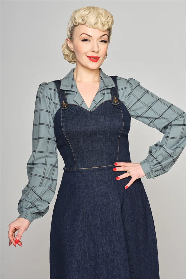 Collectif Jupiter 50s Navy Blue Denim Pinafore Dress Cherry Red Vintage Collectif Jupiter 50s Navy Blue Denim Pinafore Dress Cherry Red Vintage