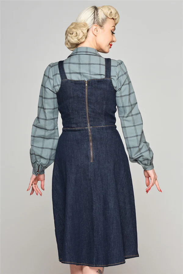 Collectif Jupiter 50s Navy Blue Denim Pinafore Dress Cherry Red Vintage Collectif Jupiter 50s Navy Blue Denim Pinafore Dress Cherry Red Vintage