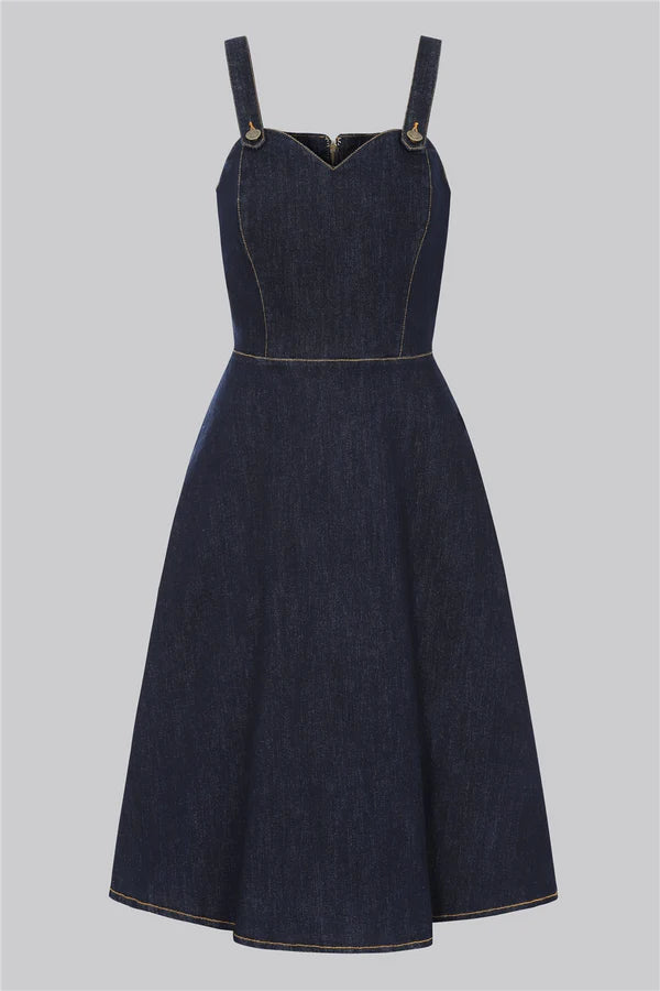 Collectif Jupiter 50s Navy Blue Denim Pinafore Dress Cherry Red Vintage Collectif Jupiter 50s Navy Blue Denim Pinafore Dress Cherry Red Vintage