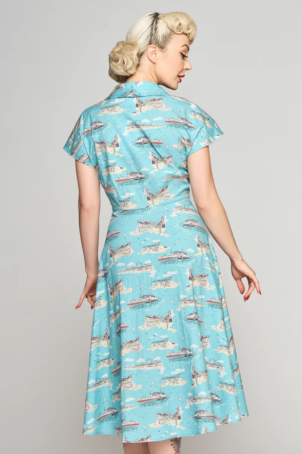 Collectif Liza 40s 50s Blue Brighton Postcard Swing Dress
