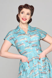 Collectif Liza 40s 50s Blue Brighton Postcard Swing Dress