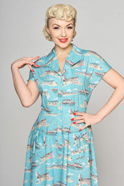 Collectif Liza 40s 50s Blue Brighton Postcard Swing Dress
