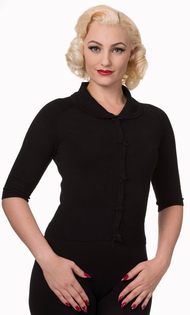 Dancing Days 40s 50s April Bow Black Short Sleeve Cardigan - Cherry Red Vintage
