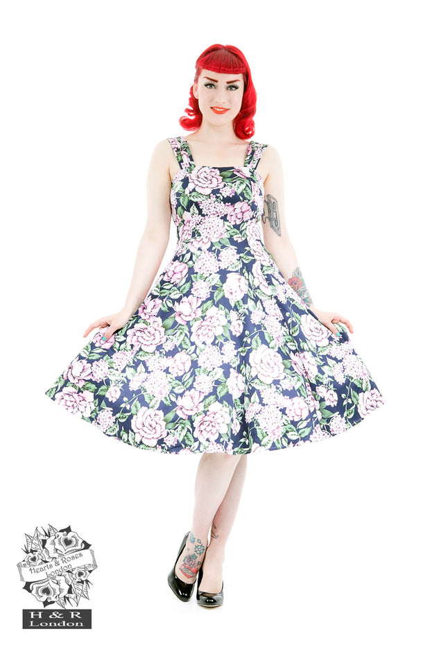 Hearts & Roses Peony Pink Lilac Navy Blue Floral Swing Dress