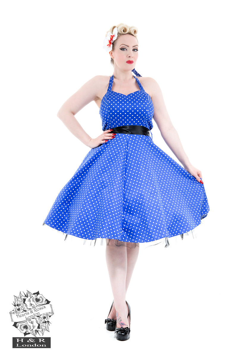 blue polka dot 50s dress Hearts & Roses Royal Blue White Polka Dot Swing Dress – Cherry Red Vintage