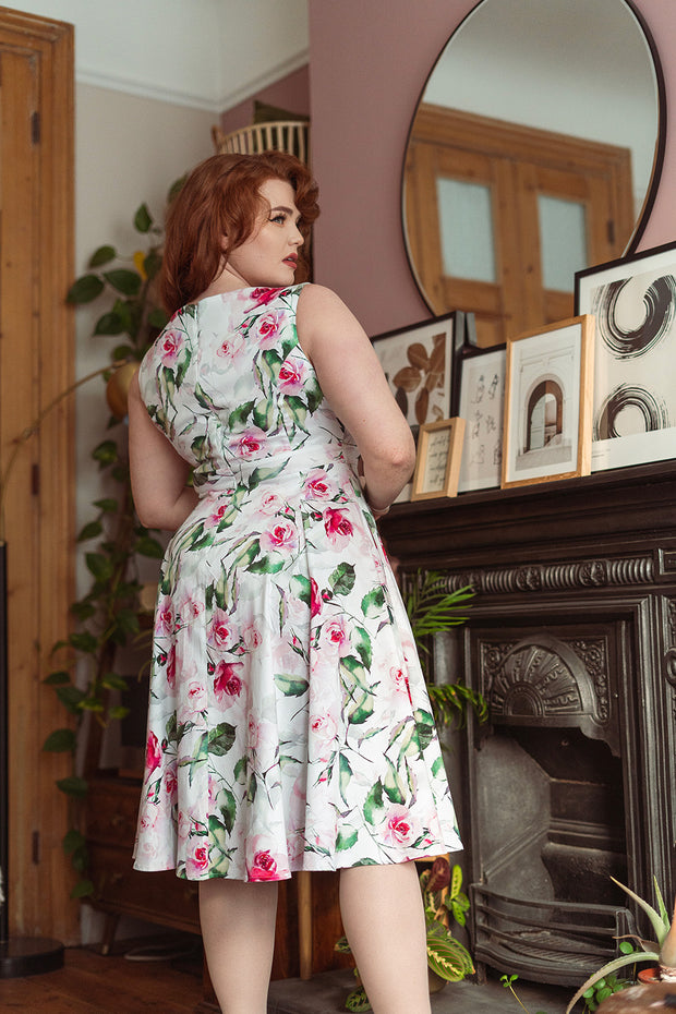 Hearts & Roses 50s Retro Style Summer Floral Off White Swing Dress