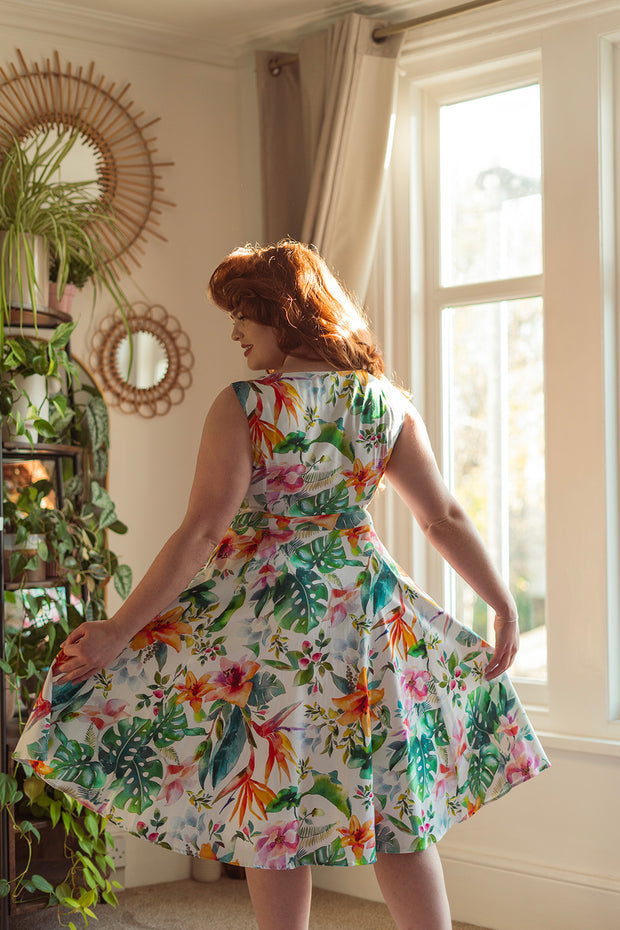 Hearts & Roses 50s Retro Style Tropical Floral Off White Swing Dress