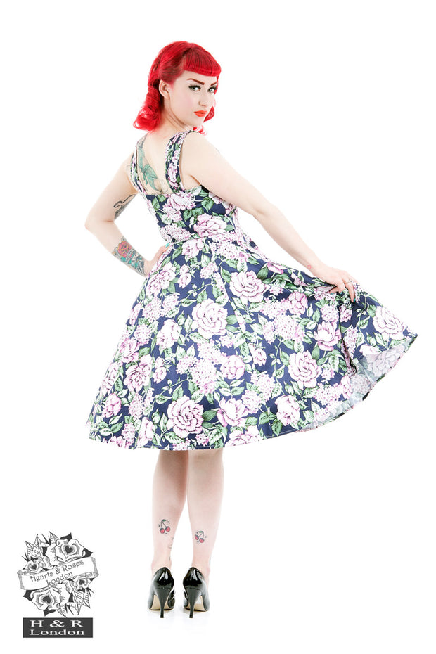 Hearts & Roses Peony Pink Lilac Navy Blue Floral Swing Dress
