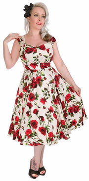 Hearts & Roses Ditsy Red Rose Ivory White Floral Dress - Cherry Red Vintage