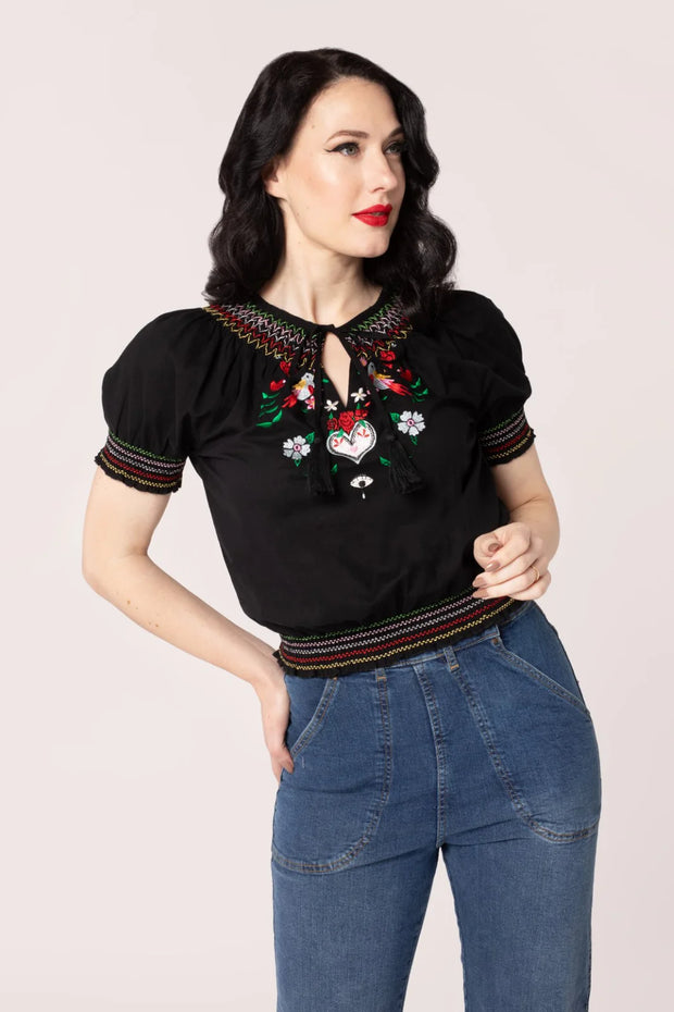 Hell Bunny 40s 50s Tessie Black Embroidered Top