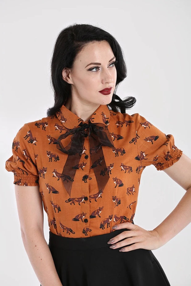 Hell Bunny 40s Style Vixey Fox Brown Blouse