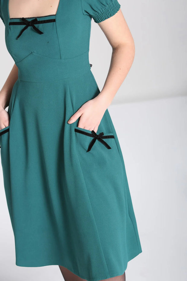 Hell Bunny 1940s Aubrey Green Dress Cherry Red Vintage Hell Bunny 1940s Aubrey Green Dress Cherry Red Vintage