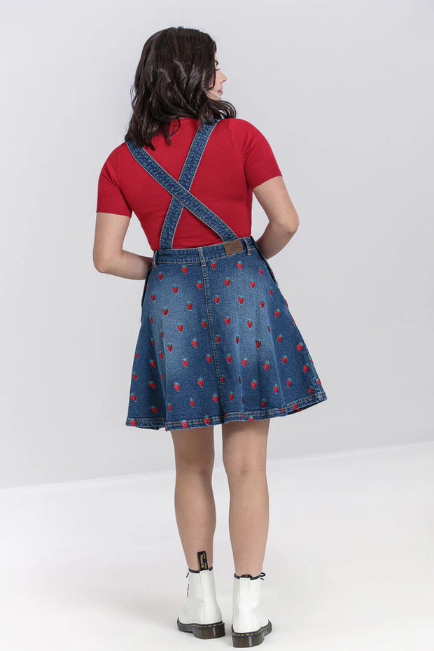 Hell Bunny 60s Style Strawberry Denim Pinafore Mini Dress