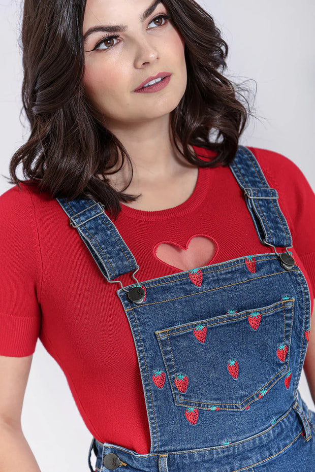 Hell Bunny 60s Style Strawberry Denim Pinafore Mini Dress