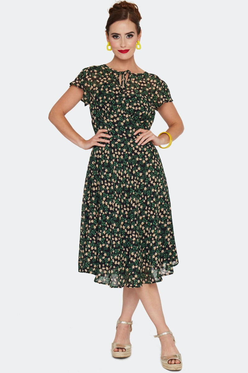 Voodoo Vixen 40's Green Floral Print Flared Dress – Cherry Red Vintage