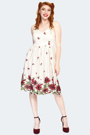 Voodoo Vixen 50's Cherry Sunflower Print White Flared Dress