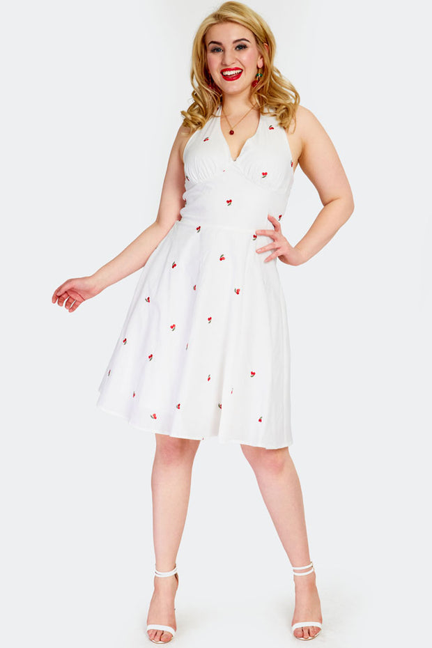 Voodoo Vixen 50's Cherry White Halter Neck Flared Dress