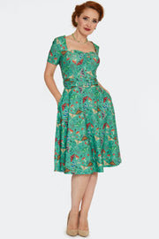 Voodoo Vixen 50's Green Woodland Moth Print Flared Dress