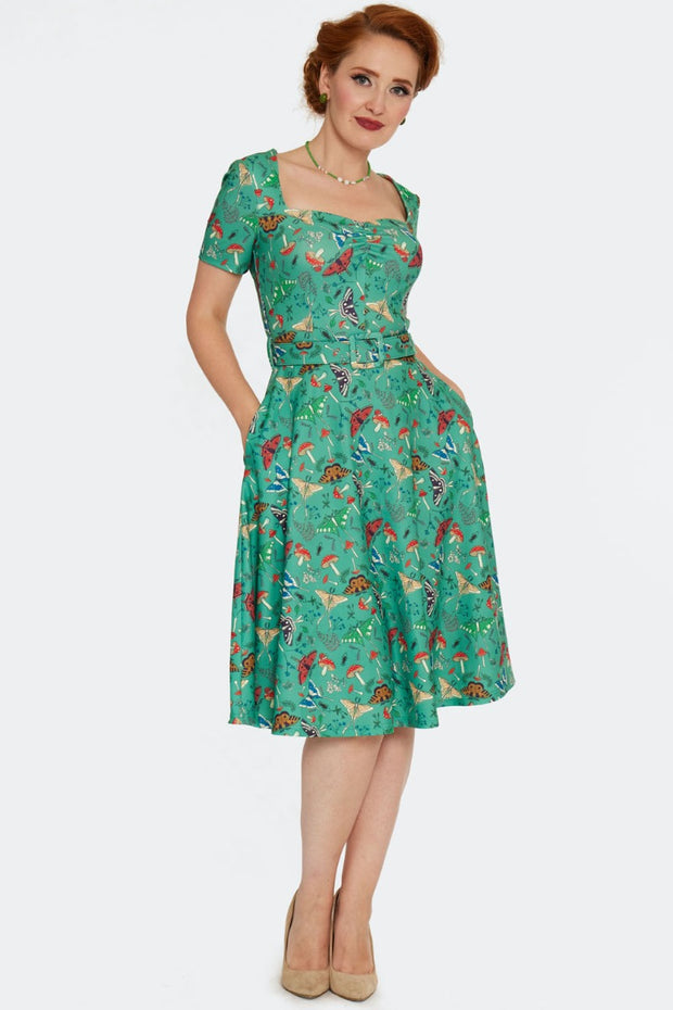 Voodoo Vixen 50's Green Woodland Moth Print Flared Dress
