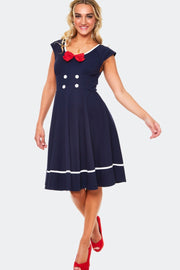 Voodoo Vixen 50's Navy Blue Nautical Bow Flared Dress