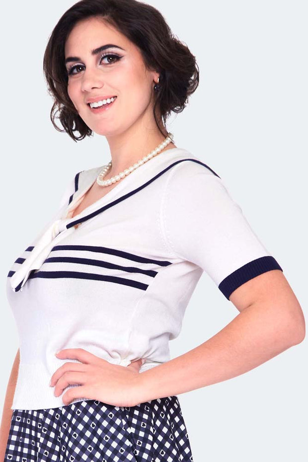 Voodoo Vixen Nautical Ivory White Stripe Collar Jumper