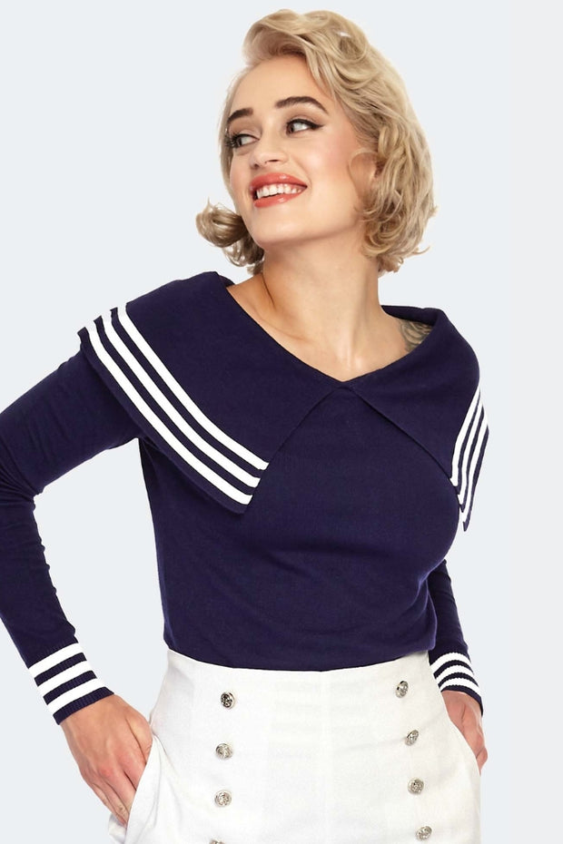 Voodoo Vixen Nautical Navy Blue Stripe Collar Jumper