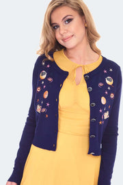 Voodoo Vixen Space Chic Embroidered Navy Blue Cardigan