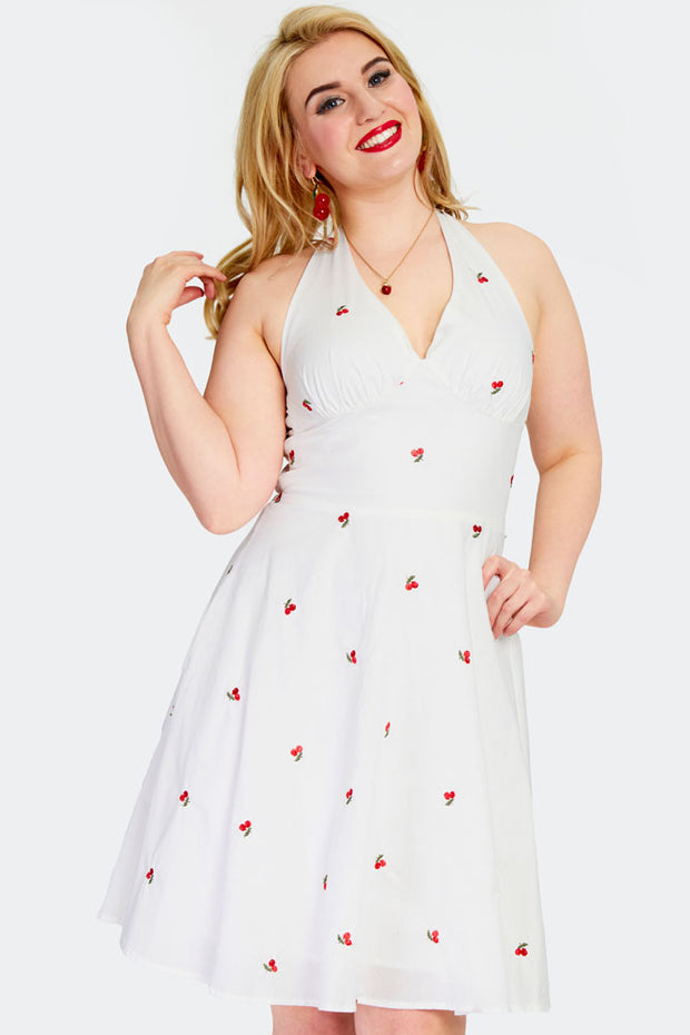 Voodoo Vixen 50's Cherry White Halter Neck Flared Dress