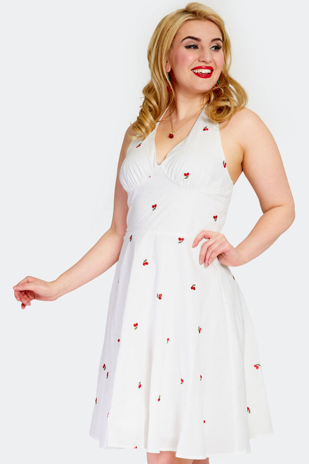 Voodoo Vixen 50's Cherry White Halter Neck Flared Dress