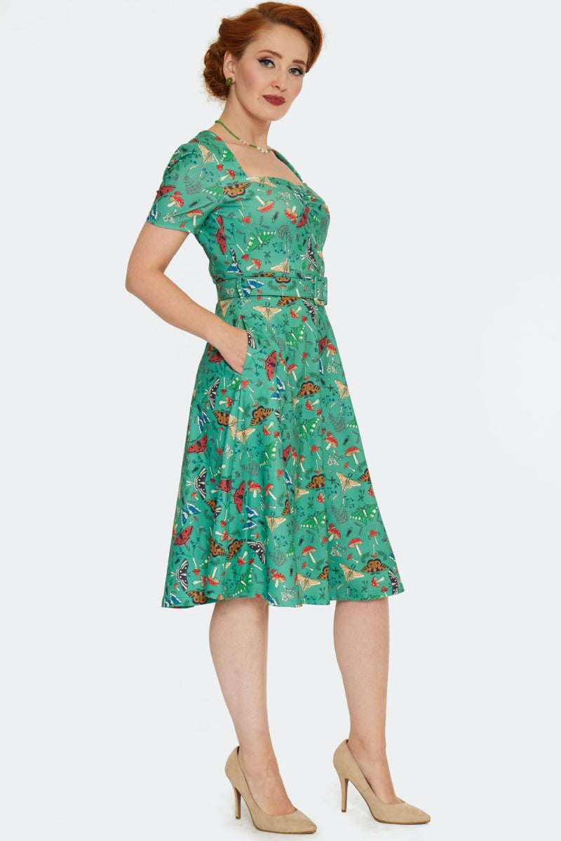 Voodoo Vixen 50's Green Woodland Moth Print Flared Dress – Cherry Red Vintage