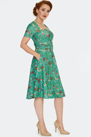 Voodoo Vixen 50's Green Woodland Moth Print Flared Dress