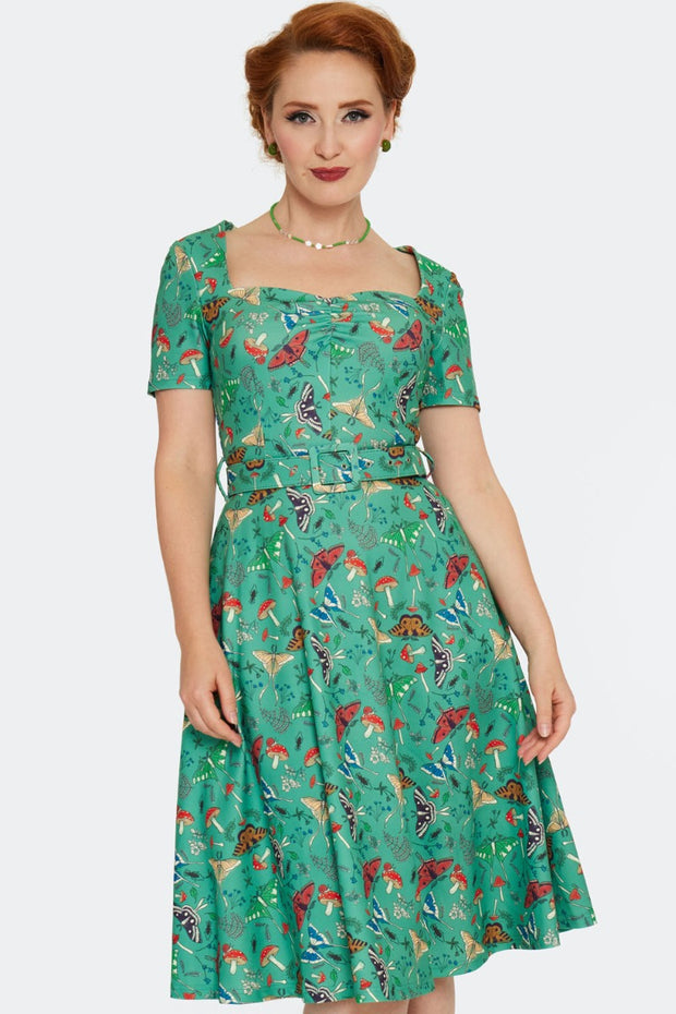Voodoo Vixen 50's Green Woodland Moth Print Flared Dress