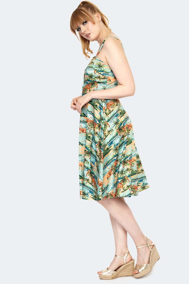 Voodoo Vixen 50's Riviera Tiki Print Flared Dress