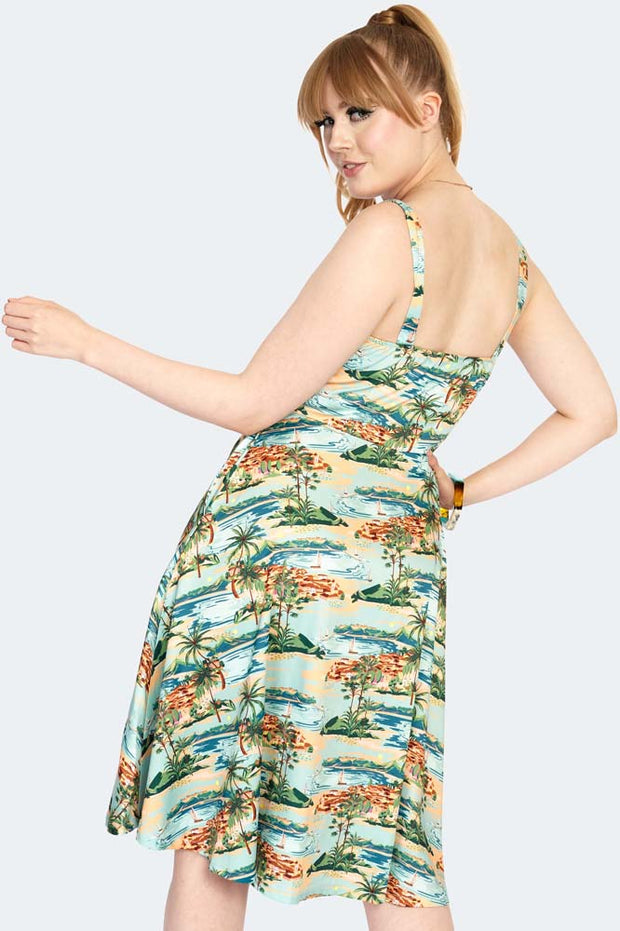 Voodoo Vixen 50's Riviera Tiki Print Flared Dress