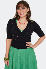 Voodoo Vixen Multicoloured Rainbow Cherry Embroidered Black Cardigan