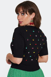 Voodoo Vixen Multicoloured Rainbow Cherry Embroidered Black Cardigan