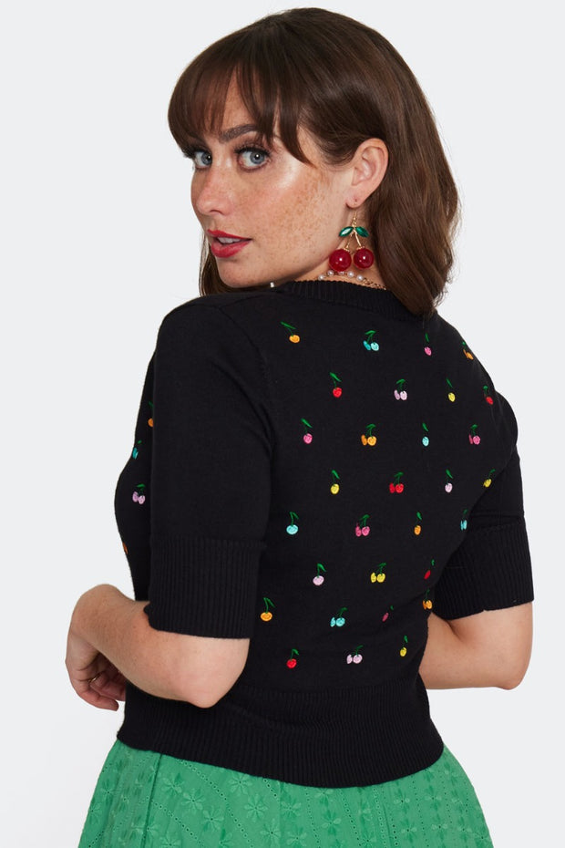 Voodoo Vixen Multicoloured Rainbow Cherry Embroidered Black Cardigan
